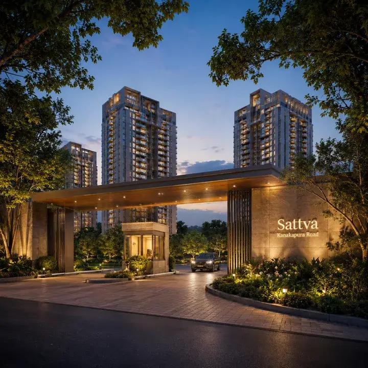 Sattva Kanakapura Road grand entrance gate with residential towers Sattva Kanakapura Road grand entrance gate with residential towers