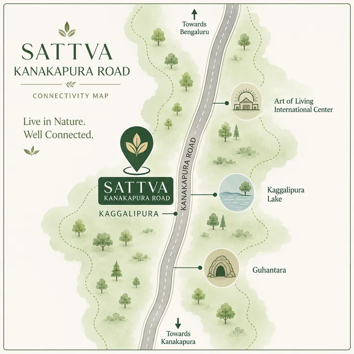 Sattva Kanakapura Road location map showing nearby landmarks in Kaggalipura Sattva Kanakapura Road location map showing nearby landmarks in Kaggalipura